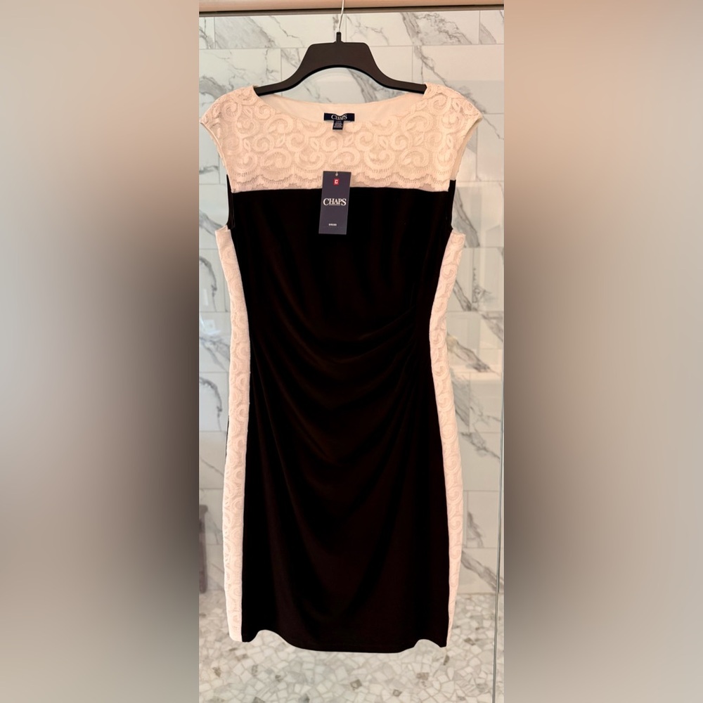 Chaps Black and Cream Cap Sleeve Mini Dress